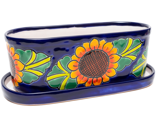 Talavera Mexican Ceramic Pottery Flower Pot Succulent Planter Heavy Garden Home Decor with Drip Dish & Drainage Large Sunflower