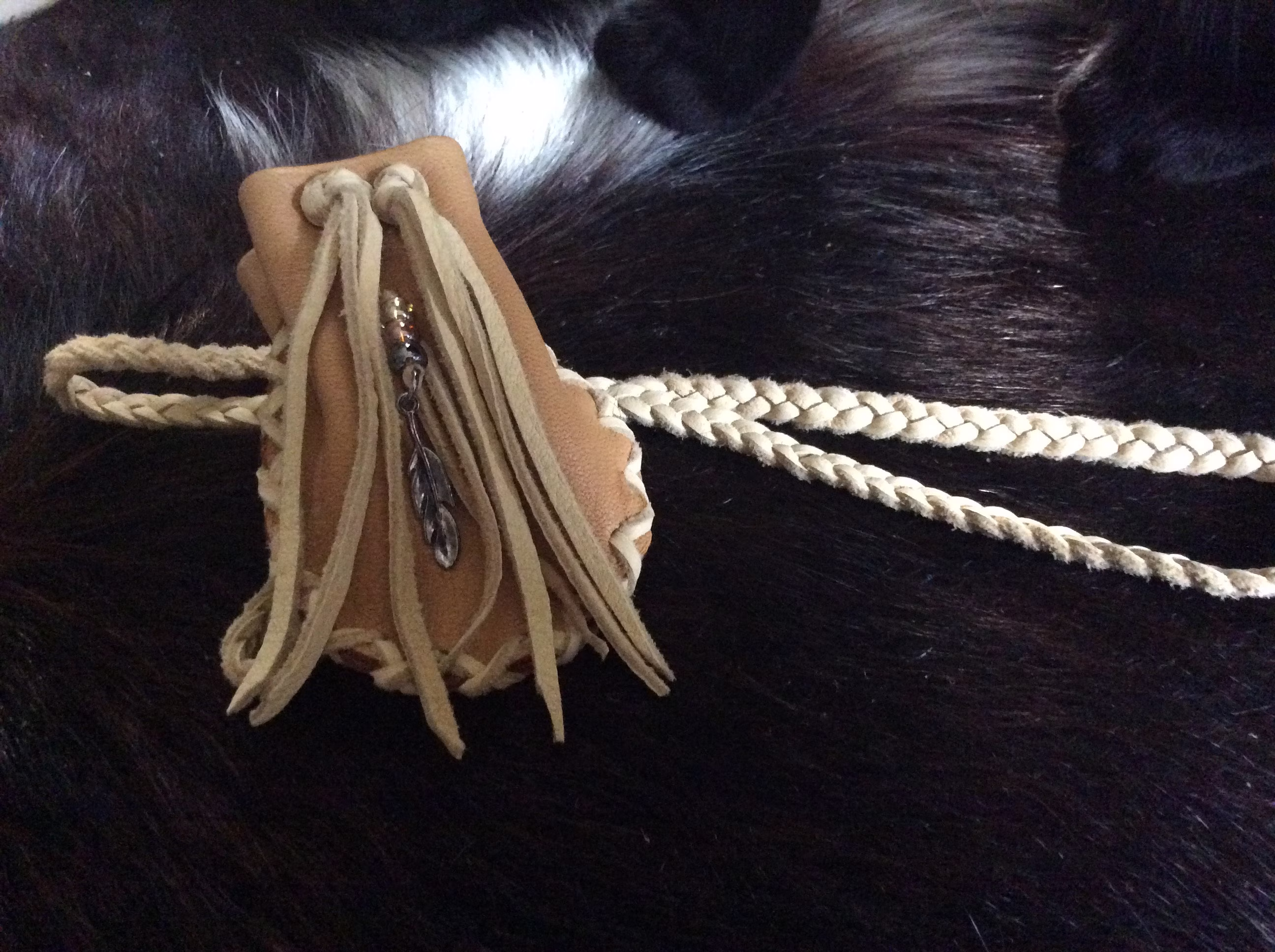 Leather Medicine Bag With Feather, Original Deer Hide Braid Neck Strap, Deerskin Pouch, Handmade in Canada