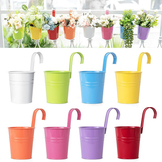 Bearsu - 8 Pcs Hanging Flower Pots Metal Iron Bucket Planter for Railing Fence Balcony Garden Home Decoration Flower Holders with Detachable Hooks,