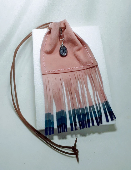 Paua Shell Charm Boho Shabby Chic Fringed Pouch Amulet Medicine Necklace in Recycled Pink Suede