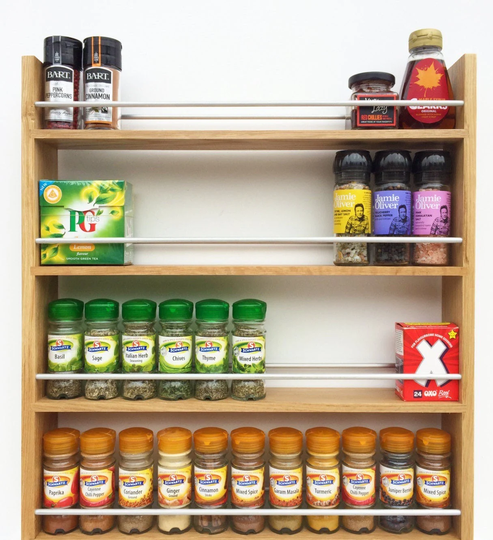 Solid Oak Spice Rack 5 Shelf Tiers Deep Shelves For Kilner Jars Bottles Packets Wall Real Wood Kitchen Storage | 25.5cm To 57cm Wide