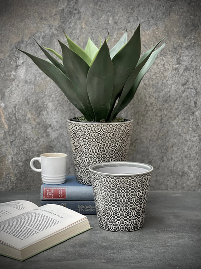 Large Grey Ceramic Plant Pot, Retro Planter, Choice Of 2 Pots, Indoor Textured Decorative Planter