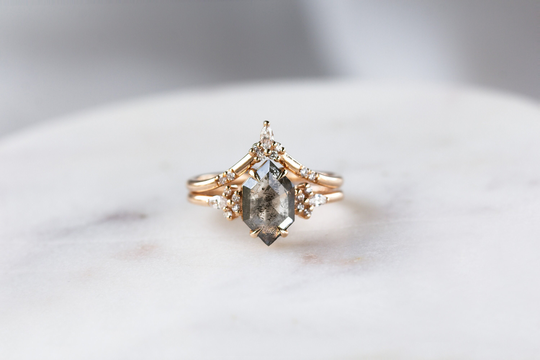 Salt & Pepper Diamond Engagement Ring Lillie Hexagon Diamond Wedding Ring Modern Proposal Bridal