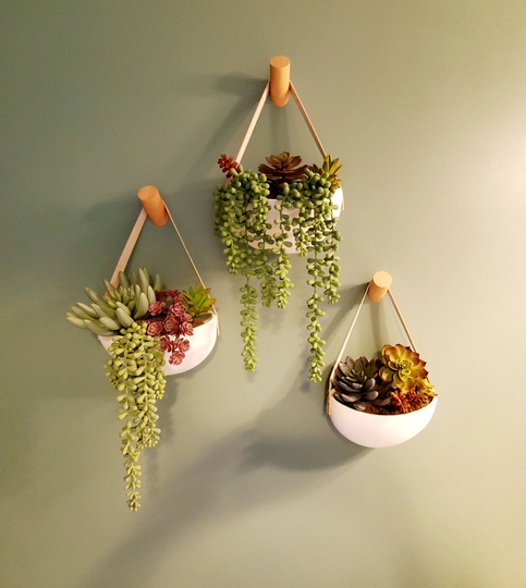 3 Pcs White Hanging Planter Set, Wall Set On Leather Straps, Ceramic Succulent Pots