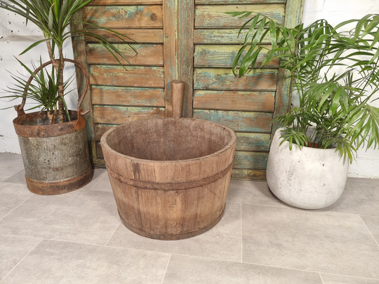 Antique Primitive 19Th Century Oak Piggin Bucket With Handle Garden Planter