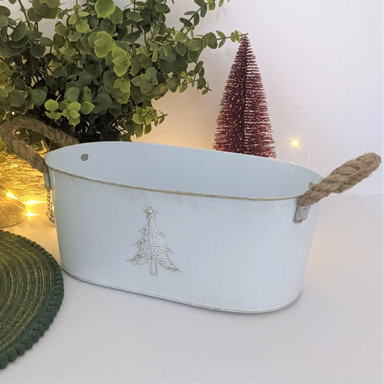 30cm Metal Christmas Tree Embossed Plant Pot Tin Pail Trough Gold White Decor