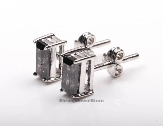 Salt & Pepper Diamond Earring Studs | Minimalist Baguette Cut Pair Pairs J0072