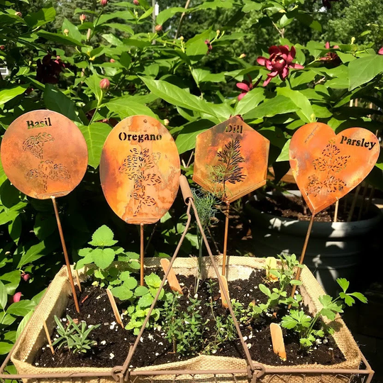 Metal Herb Signs - Basil Oregano Dill Parsley Garden Marker Stake Copper Color Label