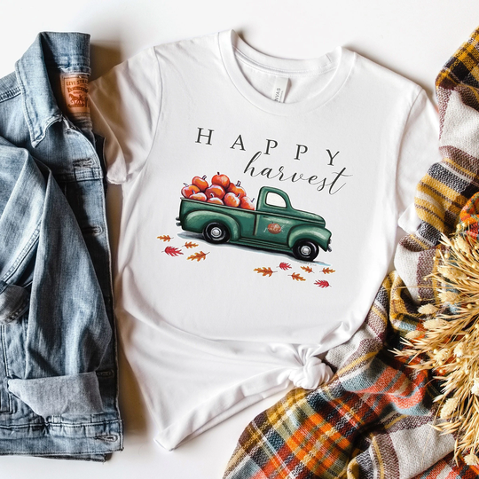 Harvest T-Shirt, Fall Tee, Autumn Leaves Seasonal Shirt, Pumpkins, Happy Truck Tee Halloween, Thanksgiving