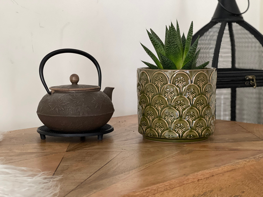 Medium Green Ceramic Plant Pots With Floral Pattern, Glazed Pots, Indoor Pot, Decorative Planter