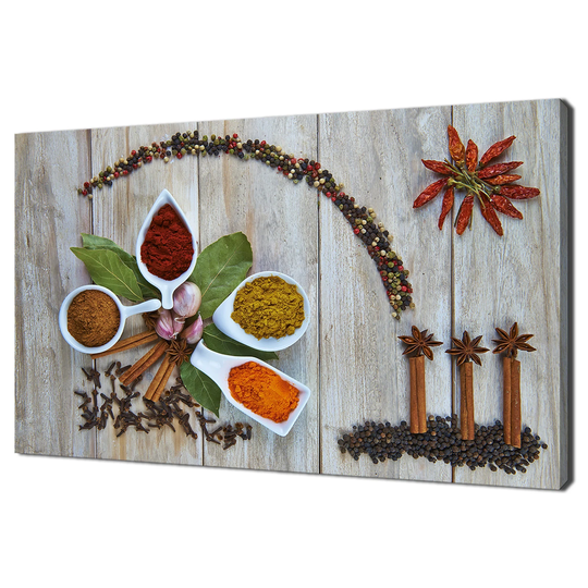 Various Colourful Spices & Herbs On Wooden Table Kitchen Modern Design Decor Canvas Print Wall Art Picture