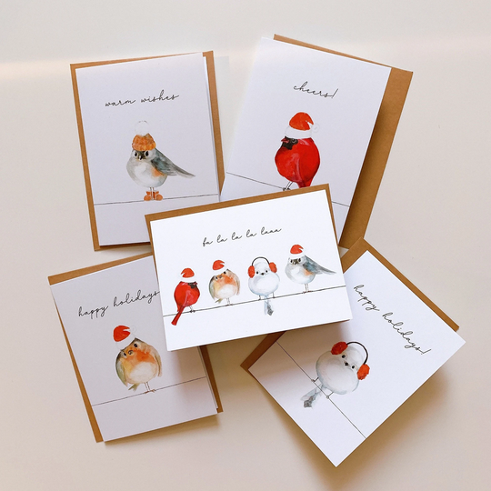 Cute Christmas Birds Cards, 5-Pack Holiday Season's Greetings Card Set, Fa La La, Gift, With Kraft Envelope