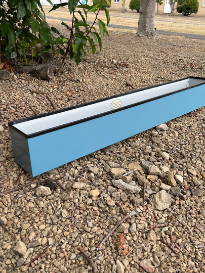 Limited Edition Colour Long Smooth Wedgewood Blue Window Box Style Handmade Metal Planter, With Rubber Trim On Top Edge