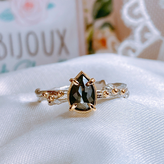 Rough Pear Salt & Pepper Diamond Twig Unique Engagement Ring in Solid 9Ct/ 18Ct Gold & White Gold