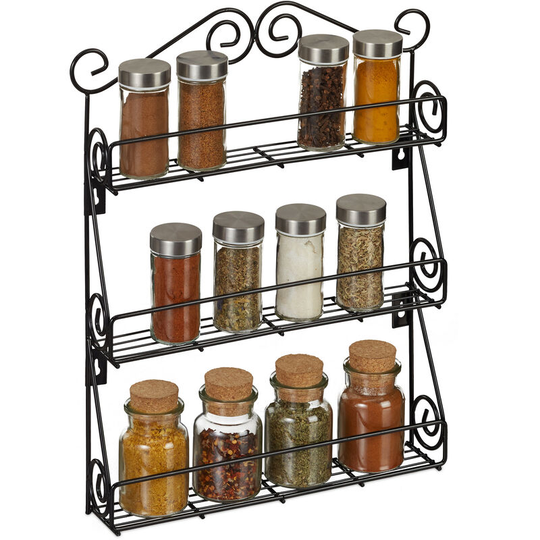 Relaxdays Spice Rack, 3 Tiers, Wall Mounted, Metal Herb Jar Holder, Kitchen Organiser, HxWxD: 43.5 x 34.5 x 6 cm, Black