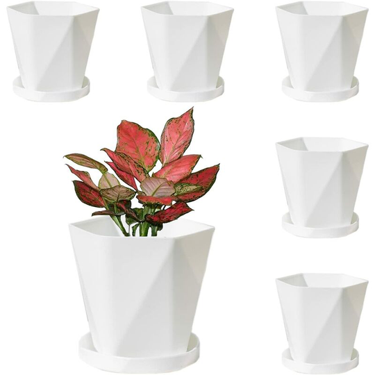 Litzee - 6PCS Plant Pots Indoor, 13CM Plastic Planter Pots with Saucer, Nursery Garden Pot with Drainage Hole and Tray for Flowers Herbs Succulents