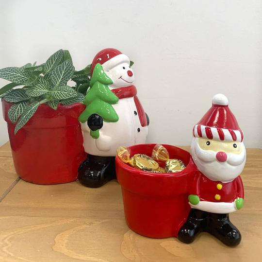 Christmas Santa And Snowman Planter Set