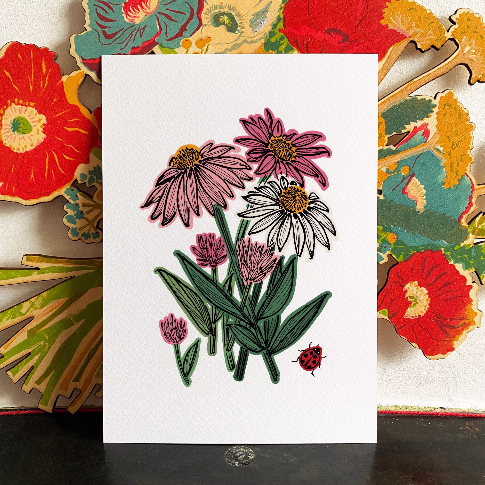 Echinacea Flower & Ladybird Print - Floral Herbal Herb Garden Print, Ladybug Gardening Herbalist Gift, Home Decor