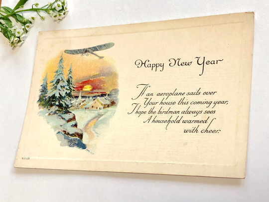 Happy New Year Airplane Winter Sunrise Christmas Postcard Season's Greetings Holiday Card Vintage Distressed Antique Ephemera