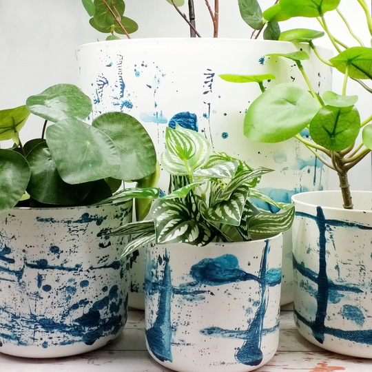 Large Plant Pot Blue Shibori Tie Dye, 25, 22 & 18 cm Eco Friendly Planter Made Of Recycled Plastic