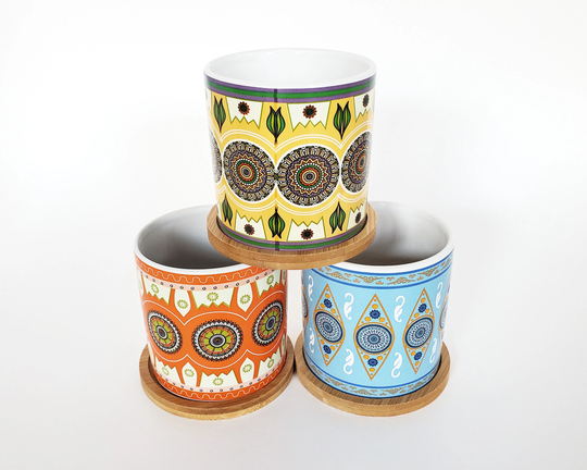 Set Of 3 Boho Pots, Small Decorative Succulent Planters With Drainage Hole & Bamboo Drip Tray, Windowsill Desktop