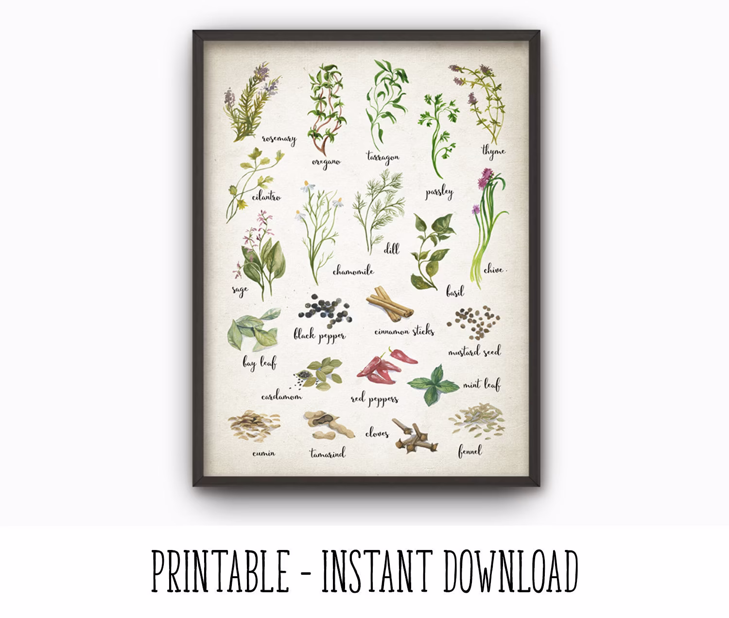 Printable Herbs & Spices Watercolor Kitchen Wall Art Poster, Rustic Decor, Farm Cooking Print Decor Instant Download