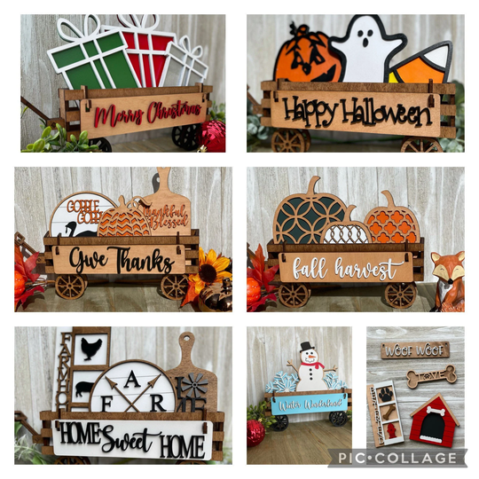 Interchangeable Seasonal Wooden Wagon, Farmhouse Holiday Decor, Rustic Home Decor, Tier Tray Mini Signs