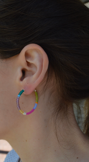 Multicolor Colorful Hoop Earrings, Seed Bead Hoops, Sterling Silver Tiny Boho Earring, Minimal Beaded, Micro Mini Small Hoops
