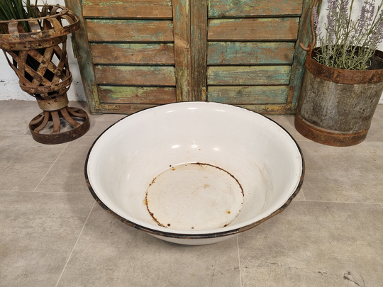 Vintage French European Large Enamel Wash Bowl Garden Planter Bird Bath