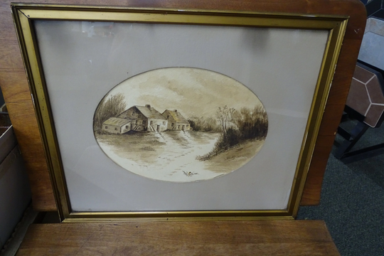 Quaint Salt Box Houses Sepia Toned Watercolor, Vintage 1930S Framed Cottage Themed Signed Watercolor