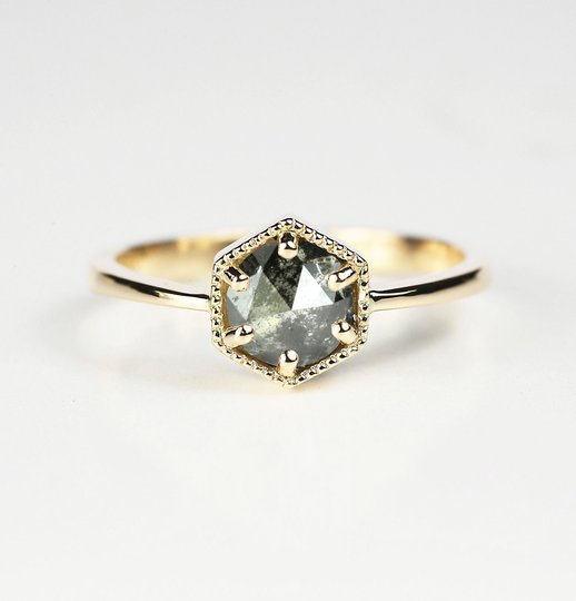 Salt & Pepper Diamond Hexagon Dainty Ring | Shape Vintage Grey Rose Gold 9K/14K/18K Art Deco Anniversary
