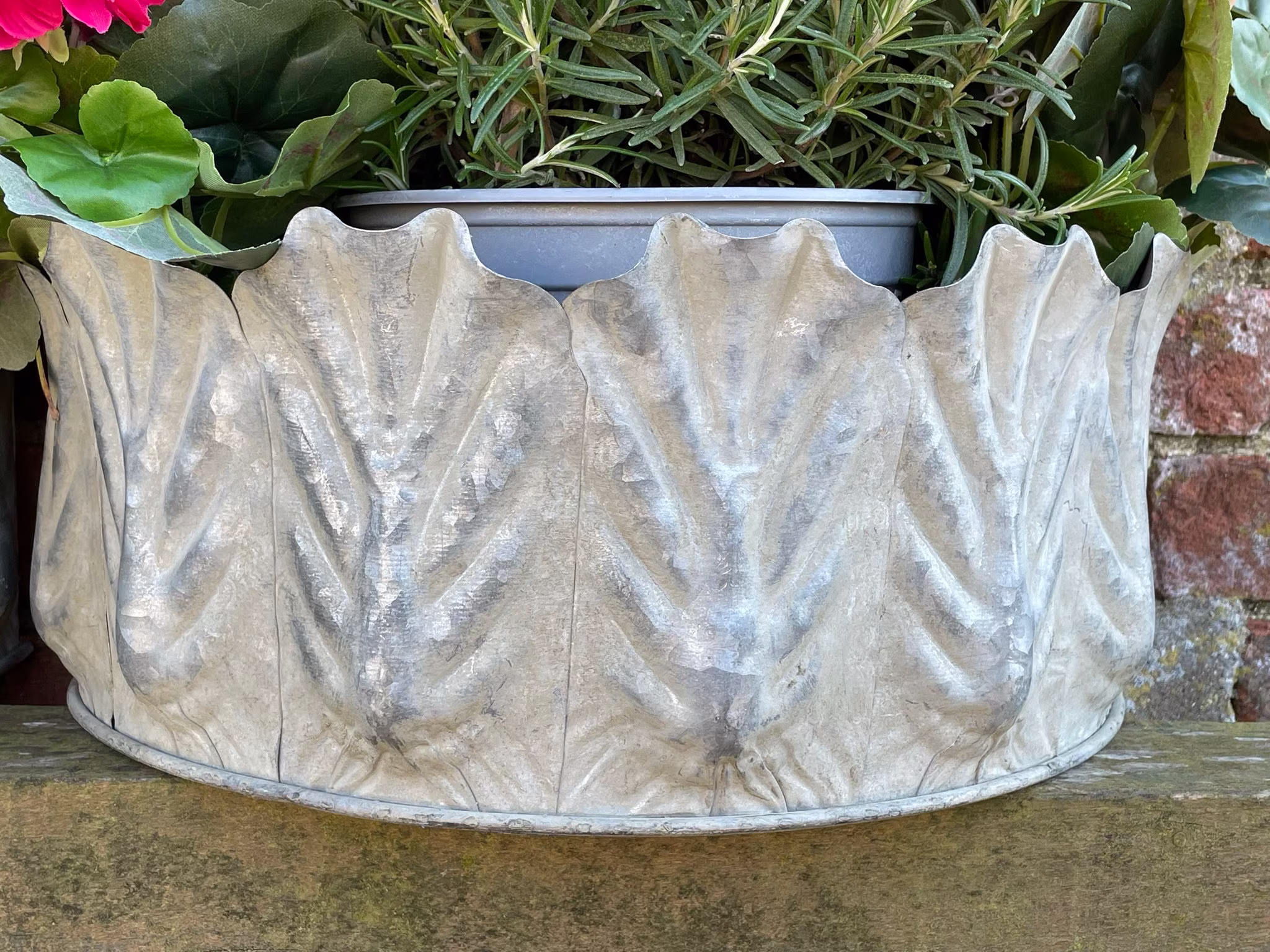 Pair Of Outdoor Zinc Metal Wall Planters With Embossed Ribbed Sides