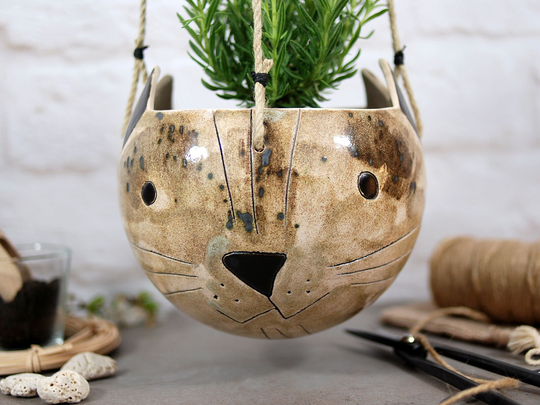 Large Ceramic Hanging Planter | Cute Smiling Cat Indoor Outdoor Use Animal Lovers Gift