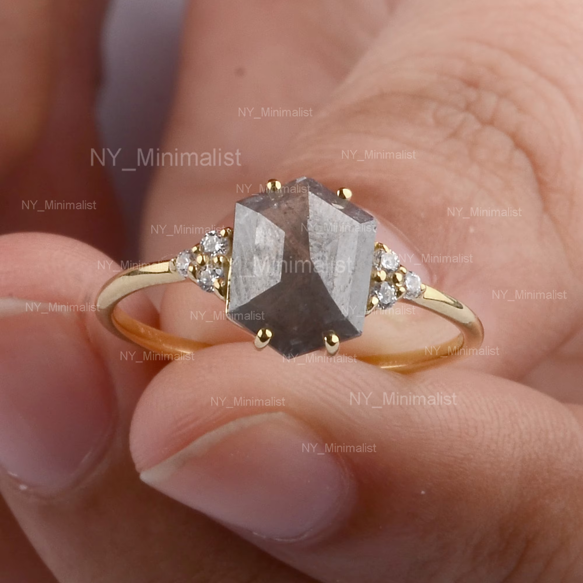 Real 1.5 Ct Hexagon Cut Rough Gray Salt & Pepper Diamond Ring Solid 14K Yellow Gold Pave Wedding Engagement Band Gift
