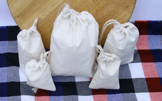 3x5 Inches Poly Cotton Muslin Bags. Single Drawstring Premium Quality Reusable Gift Pouches. Best For Storage & Gift