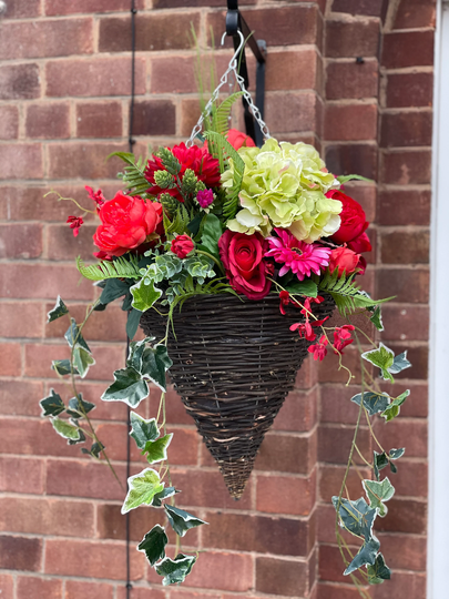 Artificial Hanging Basket With Roses, Peonies, Gerbera, Chrysanthemums, Fern, Ivy, Artificial Baskets, Faux Flower