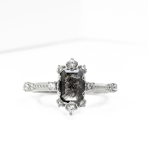 Emerald Cut Salt & Pepper Daimond Multistone Ring | Dainty Art Deco Grey Diamond Unique Style Bridal For Her