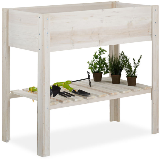 Relaxdays - Raised Planter, Balcony, Patio & Garden, Wood, With Shelf, Back-protecting, hwd: 80x88x44 cm, Herbal, White