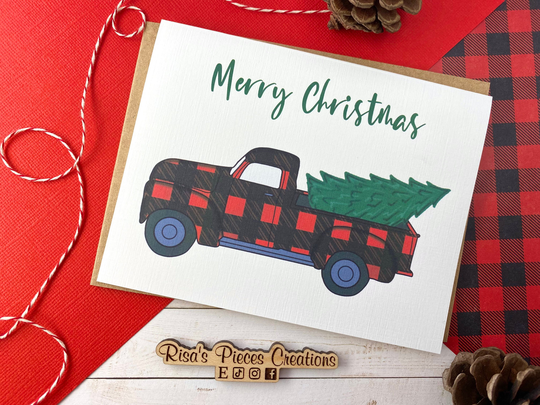 Linen Texture Red Plaid Truck, Christmas Card, Holiday Greeting, Seasonal Cards, Merry Christmas, Tree, Buffalo