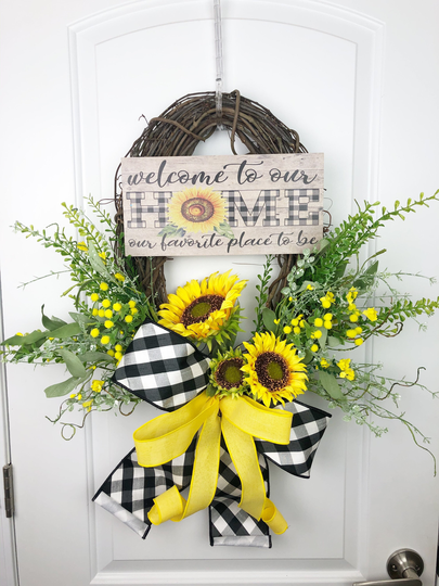 Sunflower Wreath For Front Door, Plaid Fall Home Decor, Buffalo Check, All Seasons Wreath, Year Round, Wedding Gift