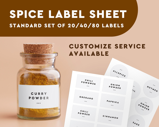 Spice Label Sheet With Standard Set Of 20/40/80 Labels | Custom Your Own Pantry Modern Jar Durable Water Resistant Stickers