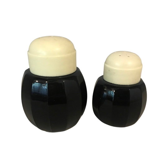 Vintage Salt & Pepper Shakers Made in Sweden . Bakelite Plastic Lids Blue Glass