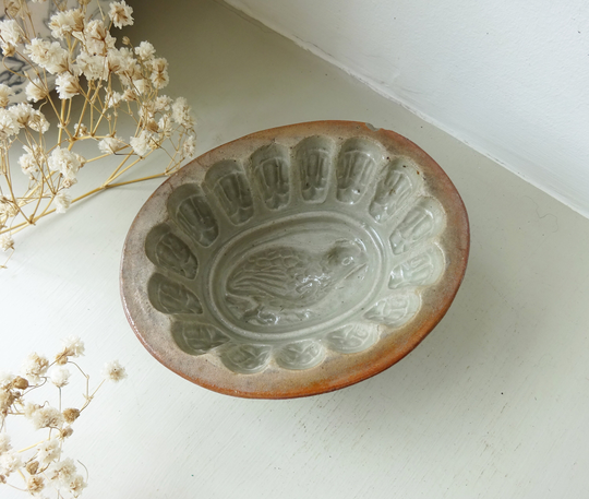 Victorian Small Oval Stoneware Jelly Mould, Quail Pattern, Salt Glazed Pottery, Child Sized Mold, 4