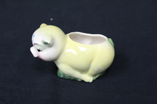 Vintage Ceramic Pig Planter, Yellow & Green With Floral Design | V3644
