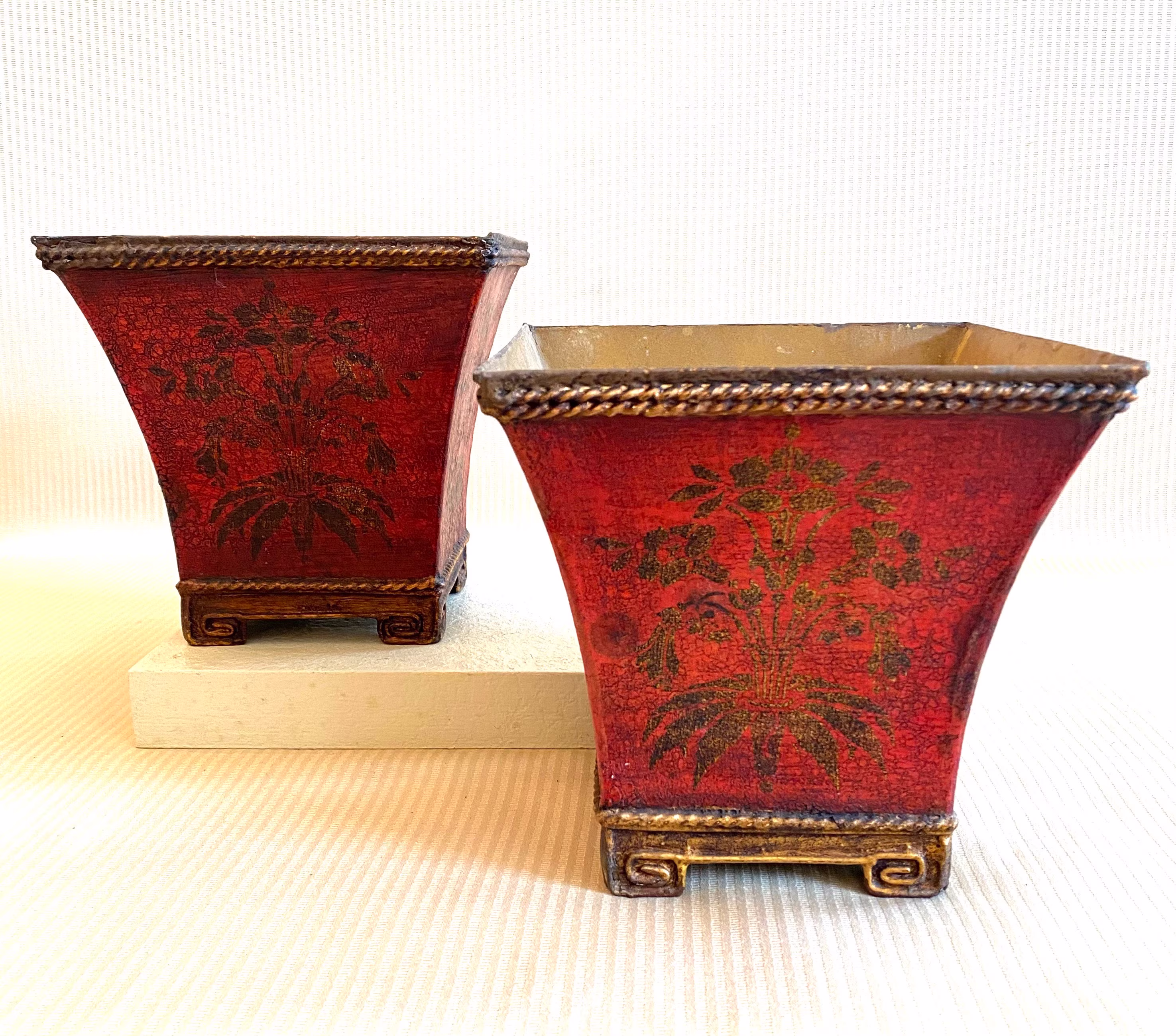 Tole Red Containers-On Bronze Bases-With Double Rope Trim-And A Floral Design-For Flower Arrangements