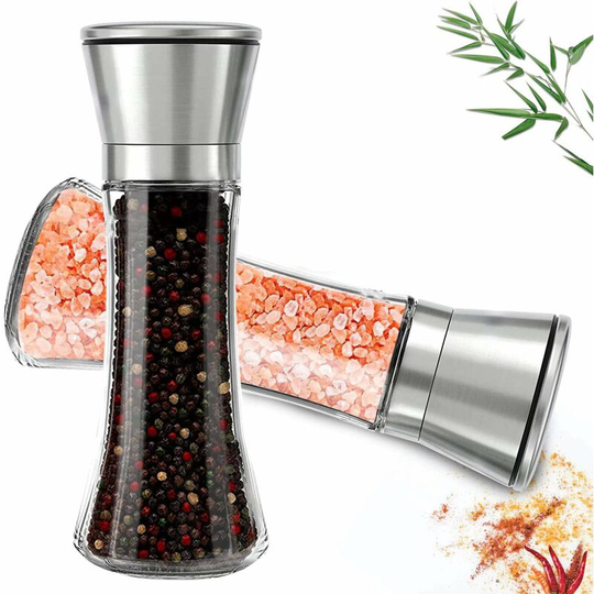Groofoo - Sea Salt Grinder and Pepper Mill - Premium Stainless Steel Salt and Pepper Grinder - Large Size Glass Salt and Pepper Shaker - Pepper