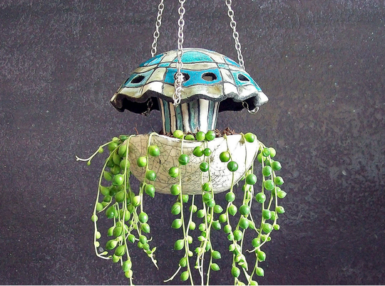 Ceramic Jellyfish Hanging Planter Pot, Terrarium, Raku Pottery Planter, Ornament, Cosatal Pot