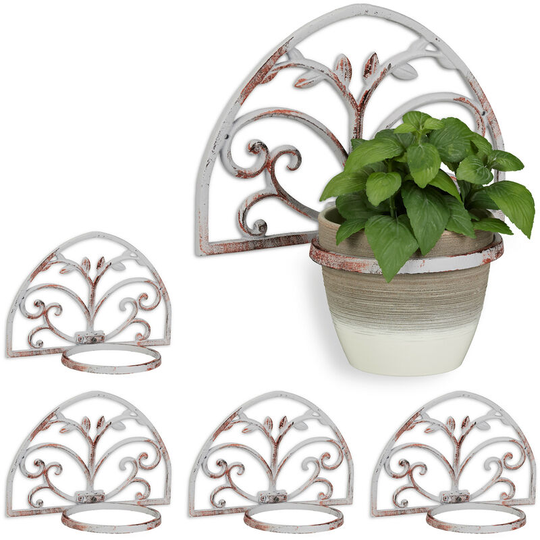 Set of 5 Wall Flower Racks, Cast Iron, Antique Look, Plant Pot Holder, Decorative, Outside, ø 14.5 cm, White - Relaxdays