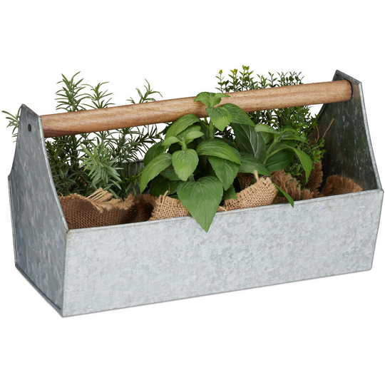 Zinc Box With Wooden Handle, Decor - Tool Box, Flowers & Herbs, Balcony, Planter, Galvanized Iron, Silver - Relaxdays