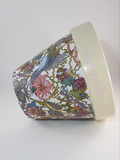 Hand Decoupaged Budgies, Flowers, Butterflies & Bugs Plant Pots